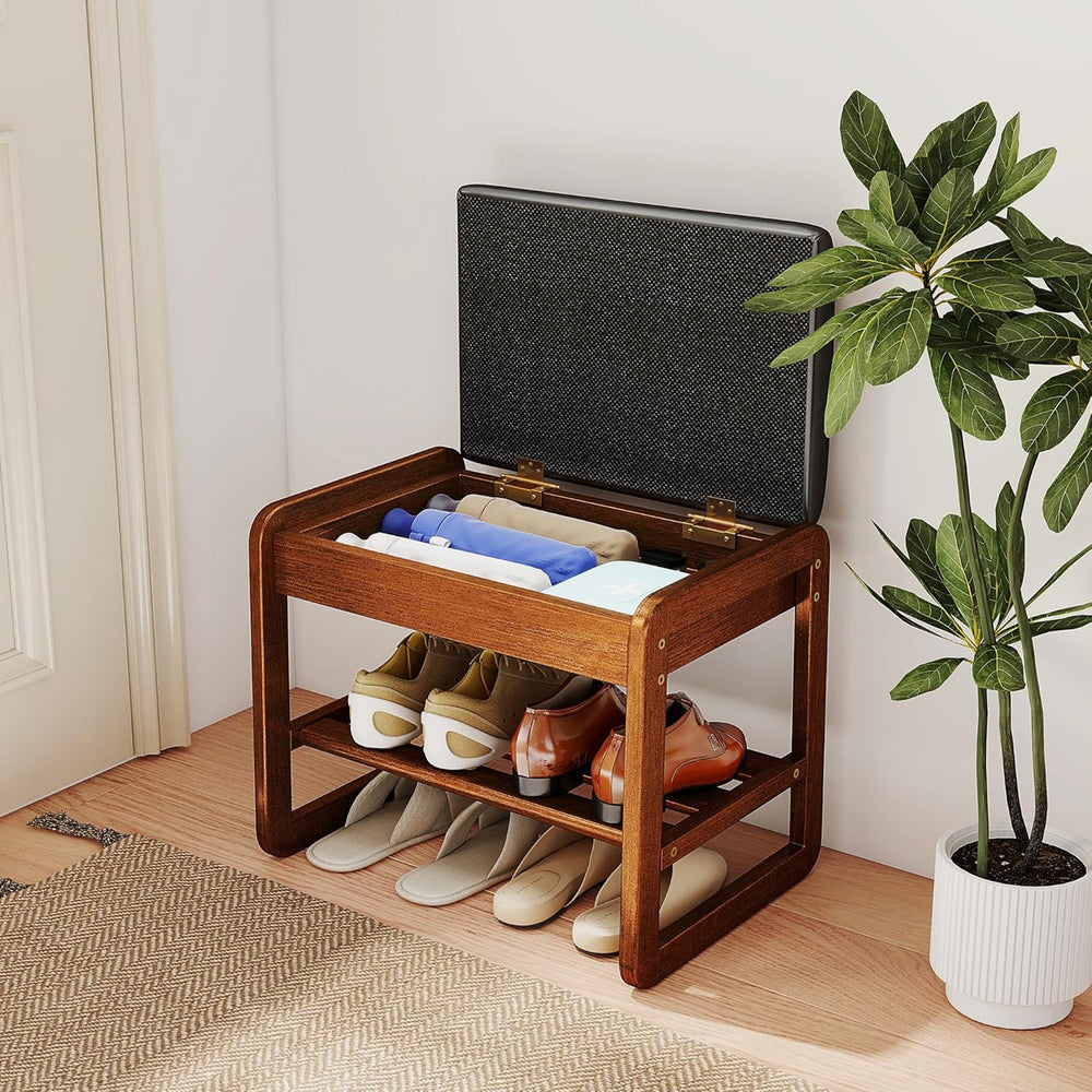 Shoe Rack Bench with Flip-Top Storage, Rubberwood 2-Tier Shoe Organizer with ...