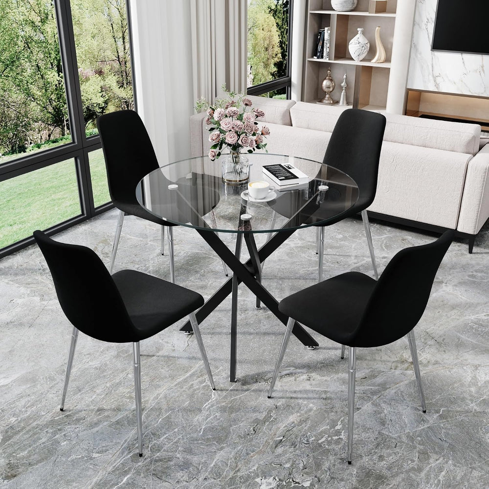 36” Round Glass Dining Table Set for 4, Clear Tempered Glass Kitchen Table wi...