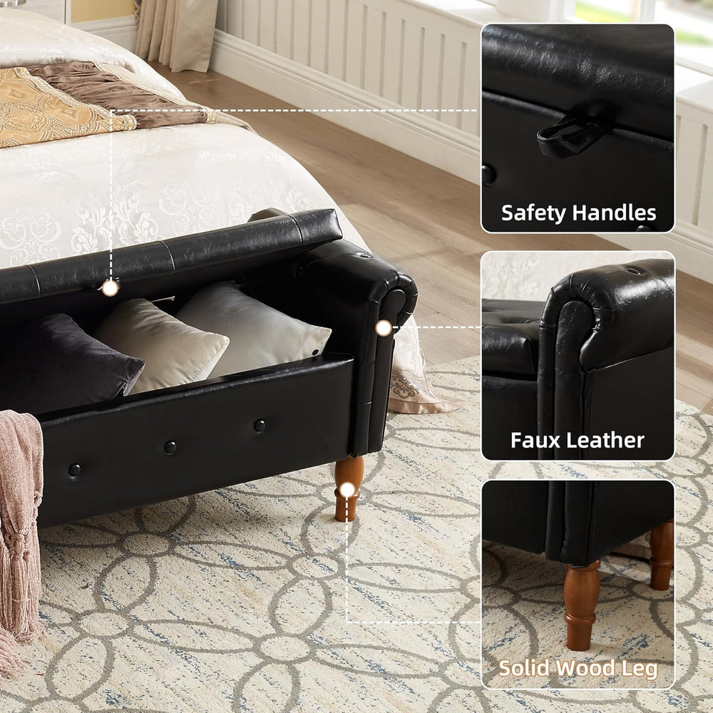 Storage Ottoman Bench, 50" Modern Upholstered End of Bed Bench, Faux Lea...