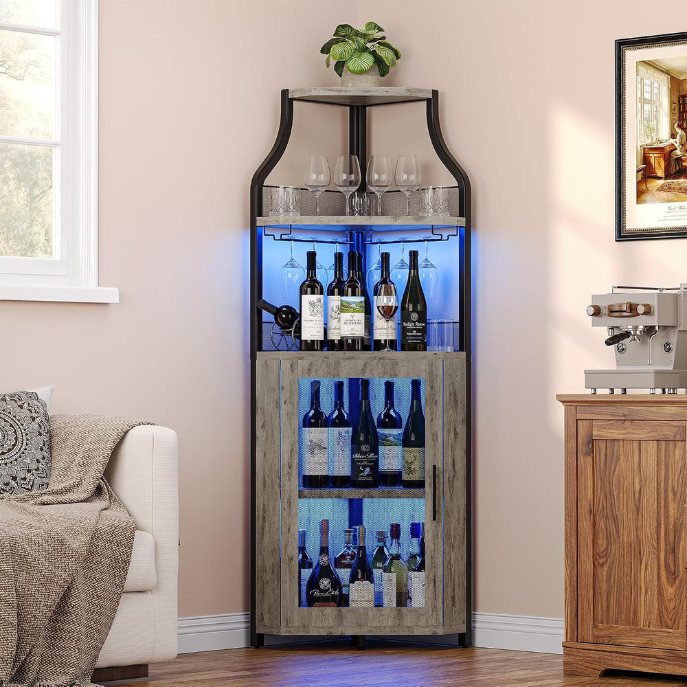 GarveeHome 5-Tiers Bar Cabinet, Corner Wine Cabinet with LED Lights
