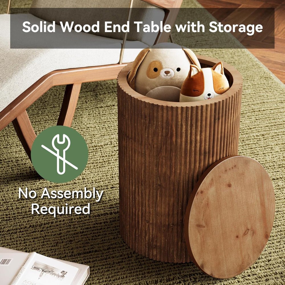 Solid Wood Round Side Table with Storage, No-Assembly Fluted End Table with 4...