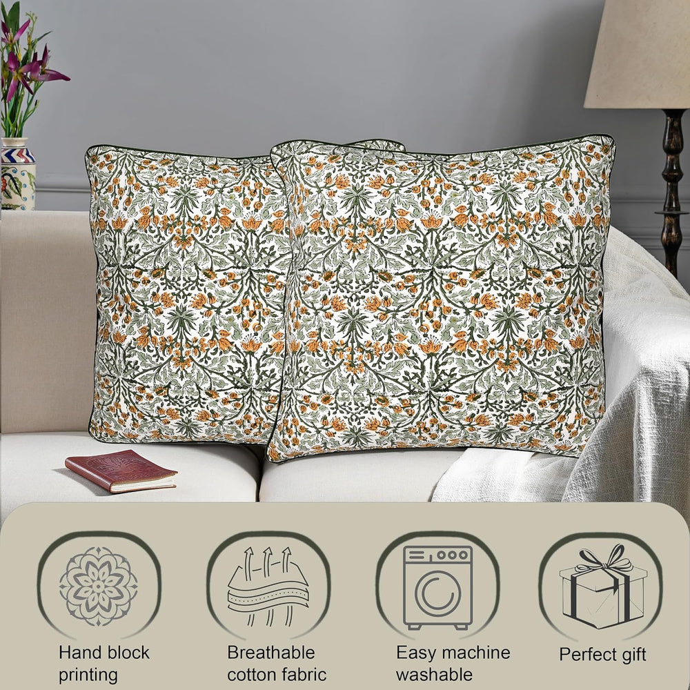 Ridhi Goldenrod Yellow Block Print Cotton Pillow Cover 18x18 Inch Set of 2