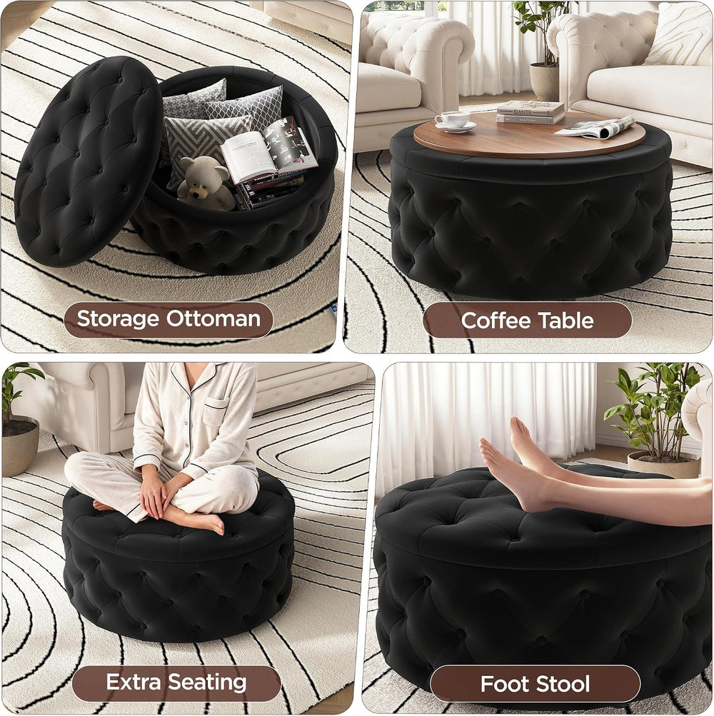FiveWillowise 30 Inch Round Ottoman with Storage Tray,Large Coffee Table | Ci...