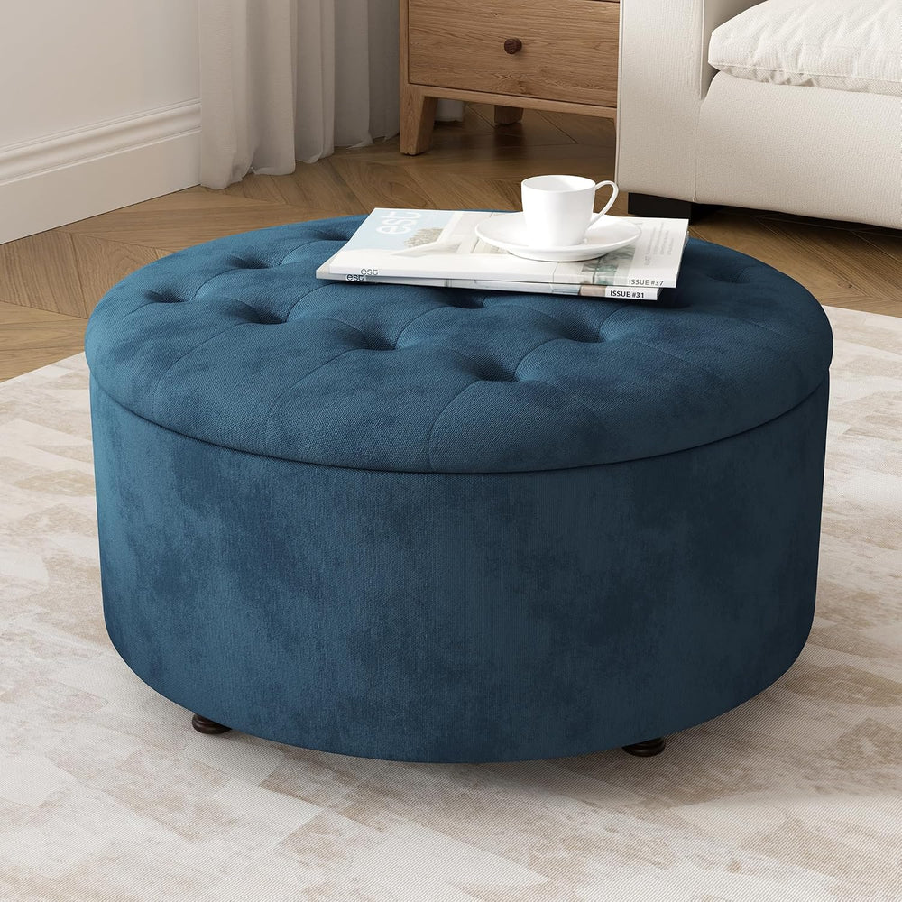 30 Inch Round Storage Ottoman,Modern Blue Tufted Ottomans,Circular Coffee Tab...