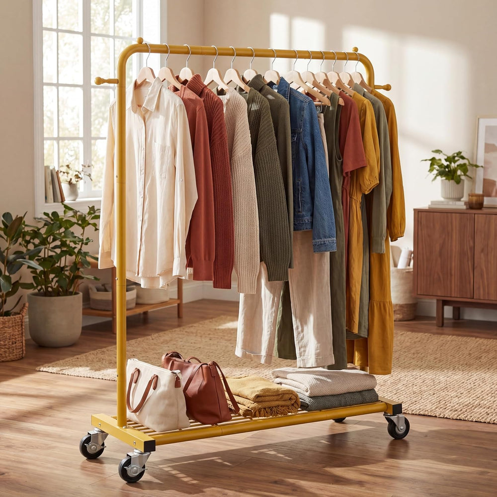 Sywhitta Metal Garment Clothing Rack on Wheels with Mesh Shelf,Gold Yellow