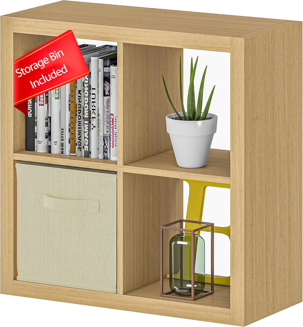 furtble Bookshelf with Storage Bin, 4-Cube Storage Organizer, Modern Wood Ope...