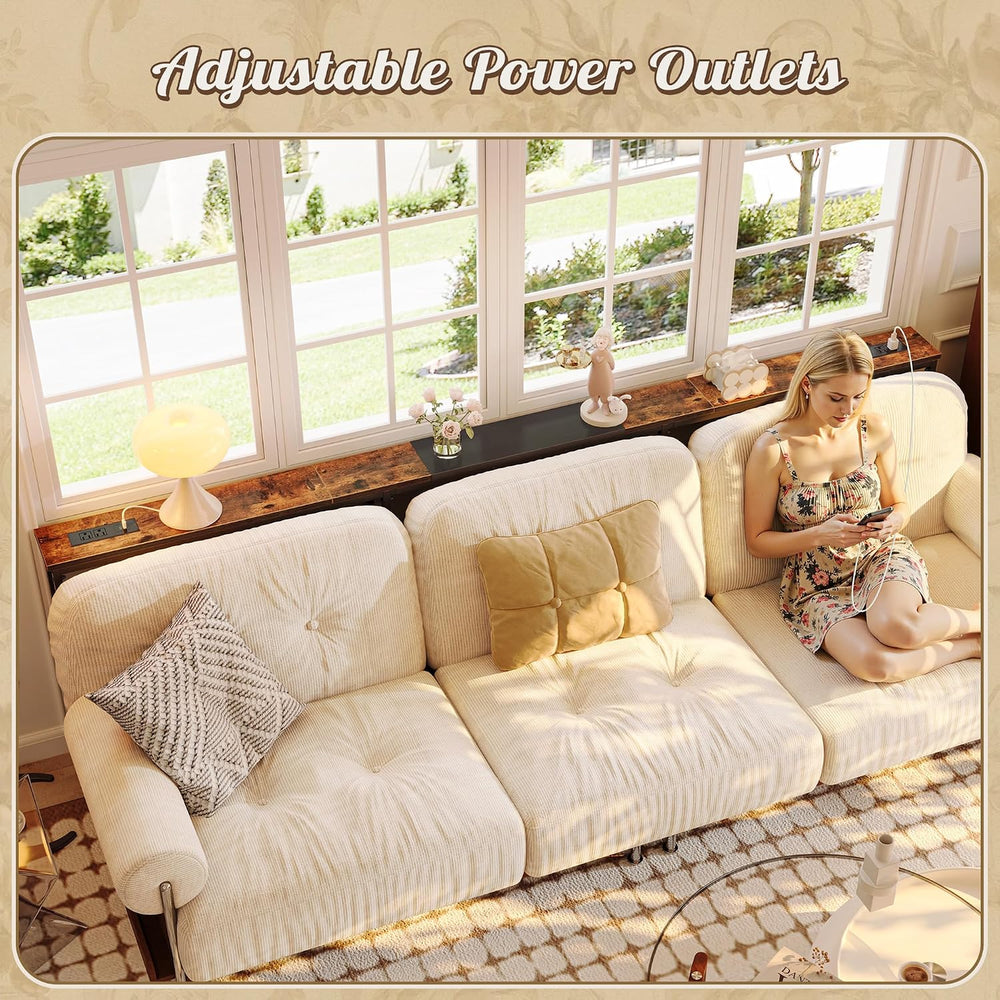 Huuger Narrow Sofa Table with 2 Power Outlets, 110.2-133.8 Inch Adjustable Le...