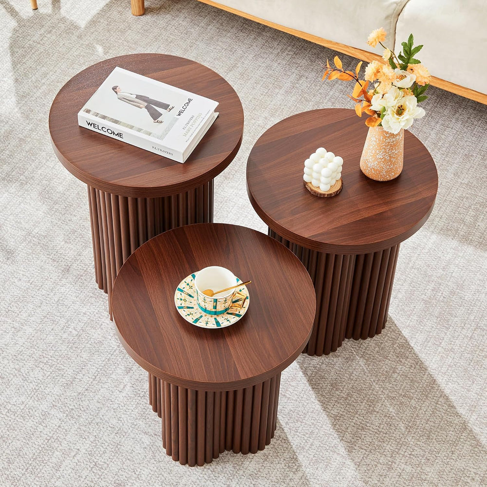 Nesting Coffee Table Set of 3, Fluted Round Nesting Tables Mid Century Modern...