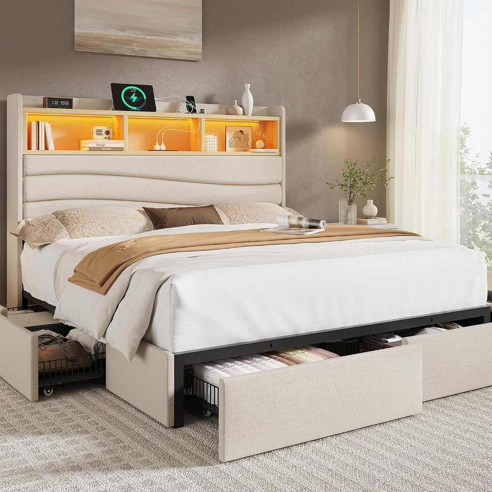 BRELTAM Queen Size Bed Frame with 6 Storage Drawers, Linen Upholstered Platfo...