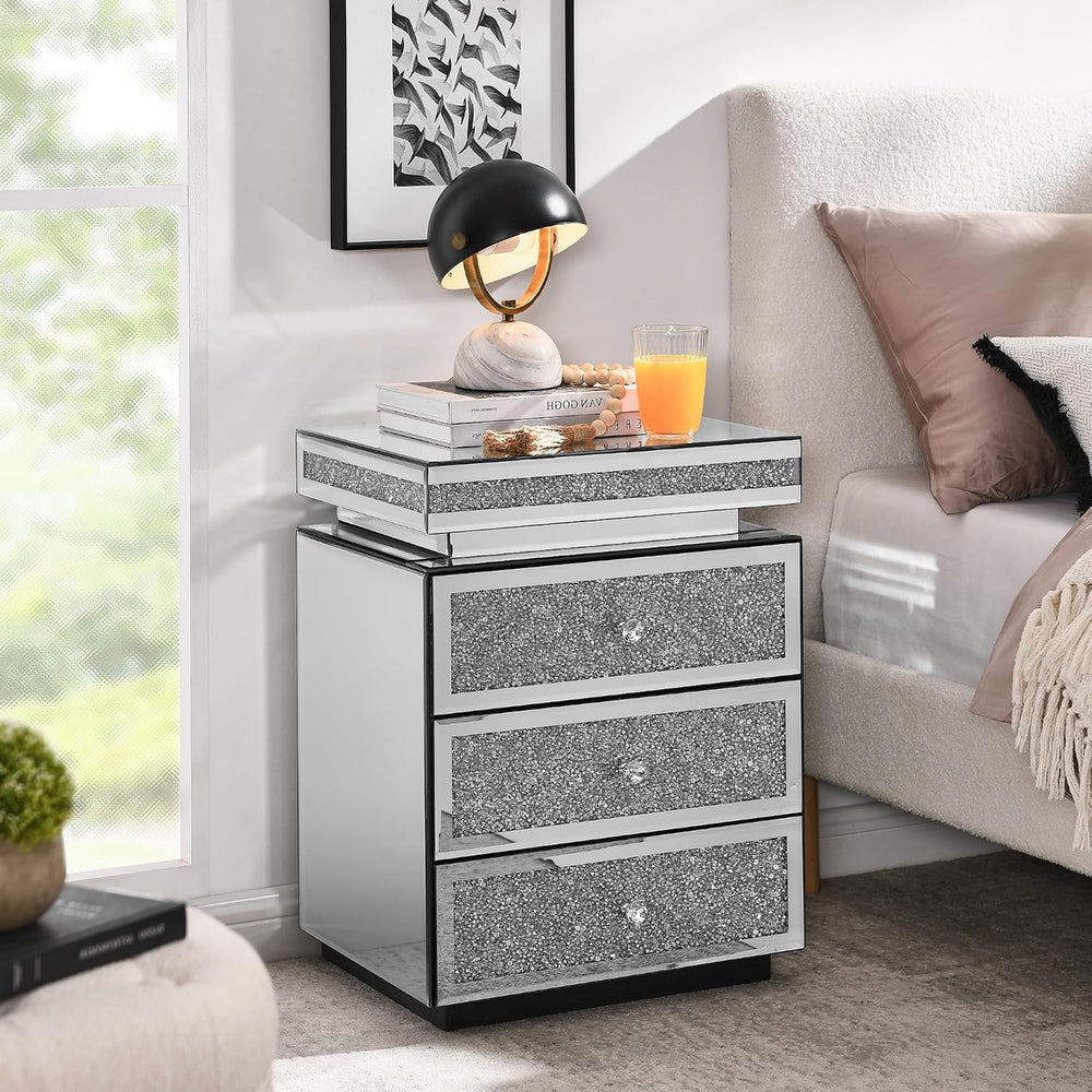 SSLine 3-Drawer Mirrored End Table,Mirrored Nightstand End Tables Bedside Tab...
