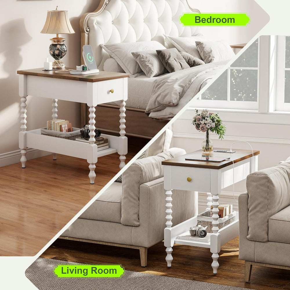 YOSHOOT Farmhouse End Table with Charging Station Set of 2 - Narrow Side Tabl...