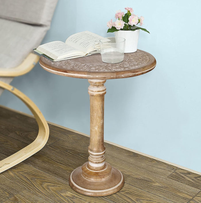 Lightnpro Rustic Round Pillar Mango Wood End Table, 18x22 White Wash