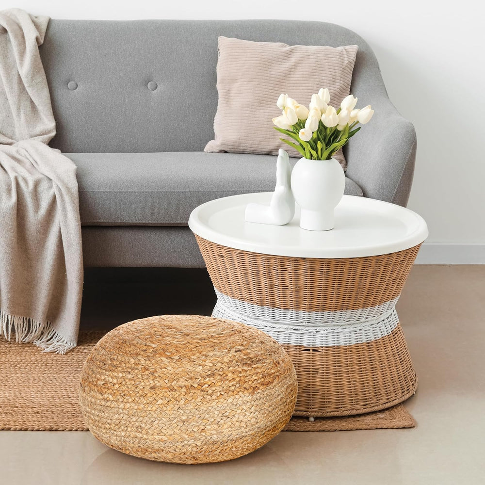 Decor Therapy Round Pouf Ottoman Footrest, Natural Jute Woven, Boho Pouf, Boh...