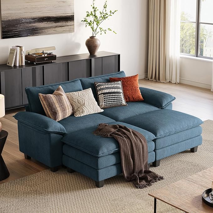 LINSY HOME Modular Sectional Sofa - Oversized Corduroy Cloud Couch with Movable Ottoman Soft Modern Comfy Sofa Set for Living Room Apartment Office, Blue
