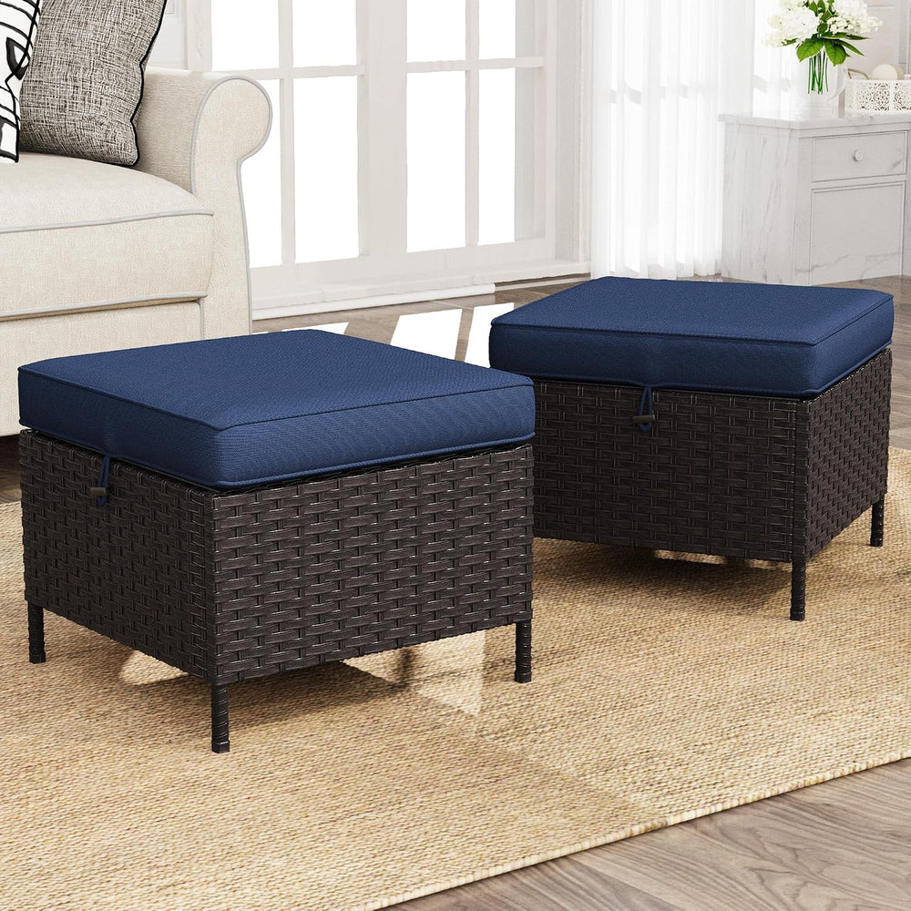 Outdoor Patio Ottoman Set of 2, All Weather Rattan Wicker Ottoman Seat, Outdo...