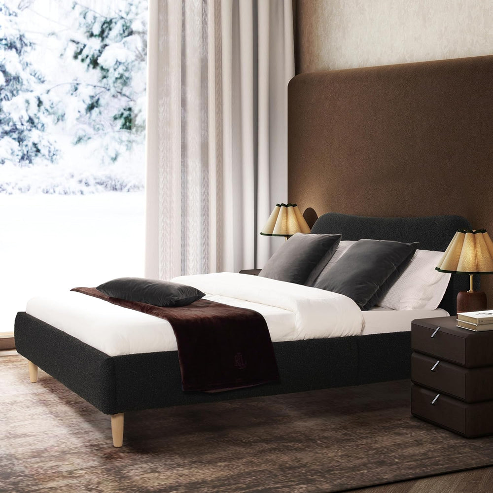 GOWE Roman Curved Headboard Upholstered Platform Bed, Queen, Ebony Black Boucle