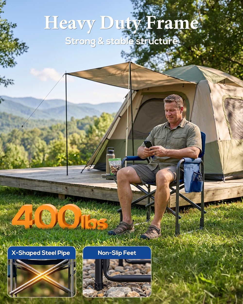 Heavy Duty Oversized Camping Folding Chair, Support 400lbs