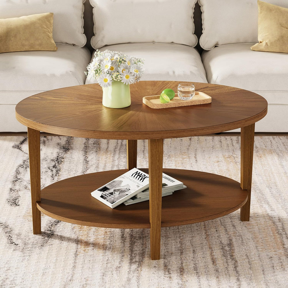 Solid Wood Oval Coffee Table for Living Room, 2 Tier Farmhouse Coffee Table w...