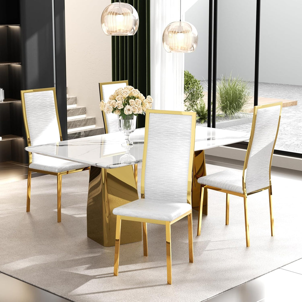 Modern Dining Chairs Set of 4, White Willow Leaf Grain with Chrome Gold Metal...