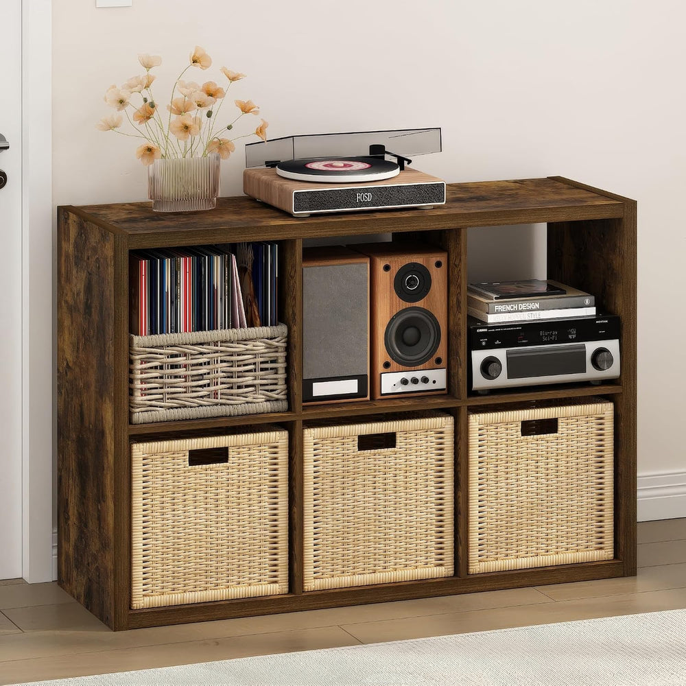 Furinno Cubicle Record Player Stand, 6-Cube Record Storage, Amber Pine