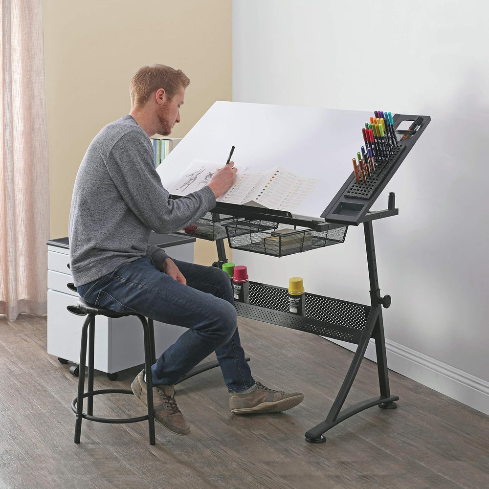 Fusion Drafting Table with Stool, Height Adjustable Desk with Tilt Top, Charc...