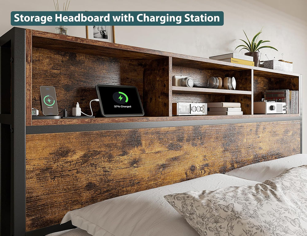 EnHomee King Bed Frame with 6 Storage Drawers, Charge Station,Noise-Free