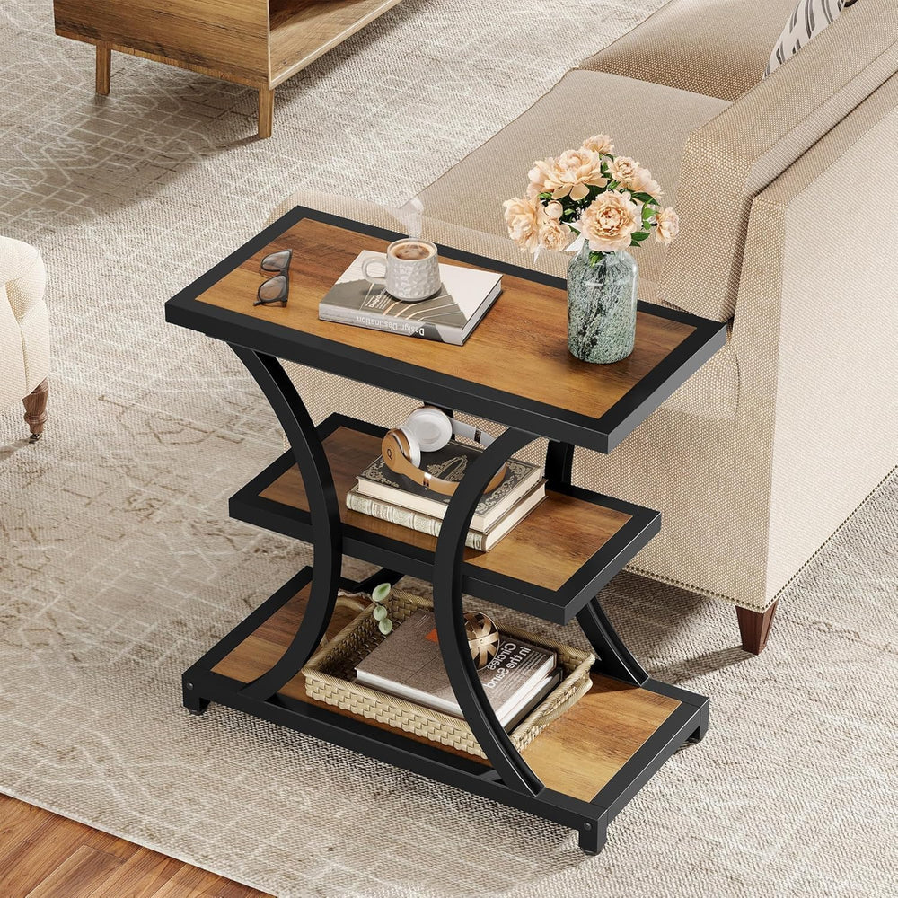 Tribesigns End Table with Storage, 3-Tier Side Table with Geometric Metal Des...