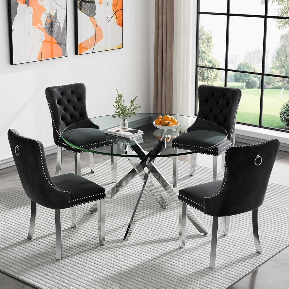 Round Glass Dining Room Table Set for 4, 5-Piece Dining Table Set with 47.2&q...