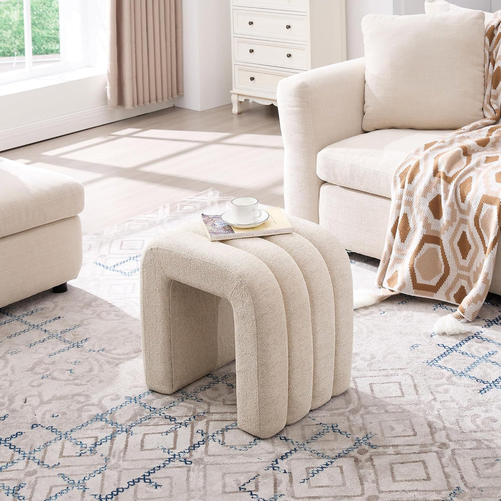 Beige Linen Ottoman Stool, Backless Vanity Stool, Footrest for Couch