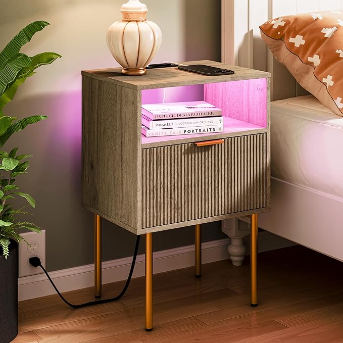 Modern Nightstand with Charging Station and LED Lights, White Bedside Table w...