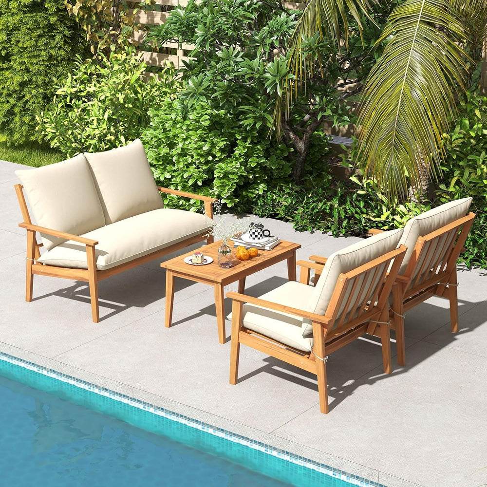 Tangkula 4 Pieces Patio Furniture Set, Outdoor Acacia Wood Conversation Set w...