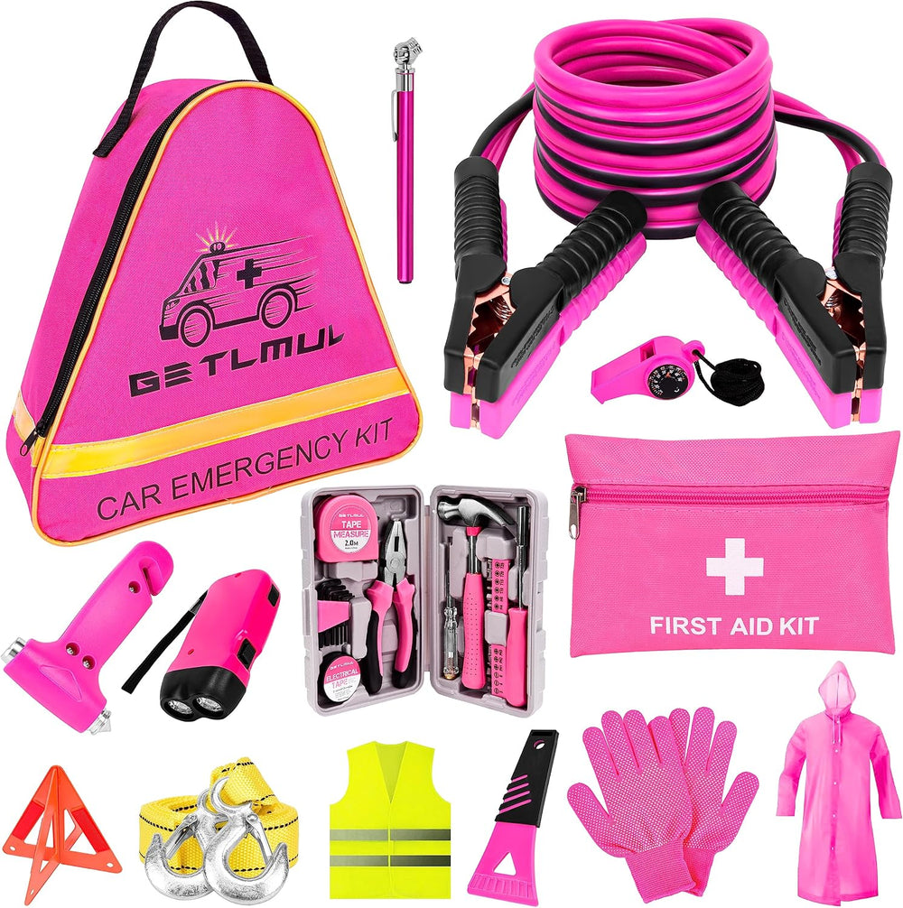 Pink Car Emergency Kit, Premium Roadside Emergency Car Accessories Kit with J...