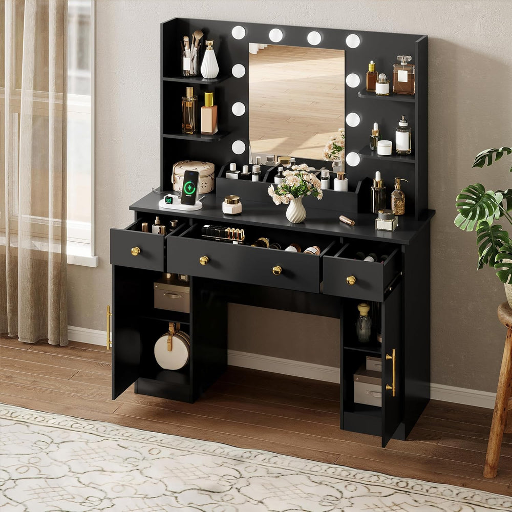 HUANLEGO Vanity Desk with Mirror and Lights, Makeup Vanity with Mirror and LE...