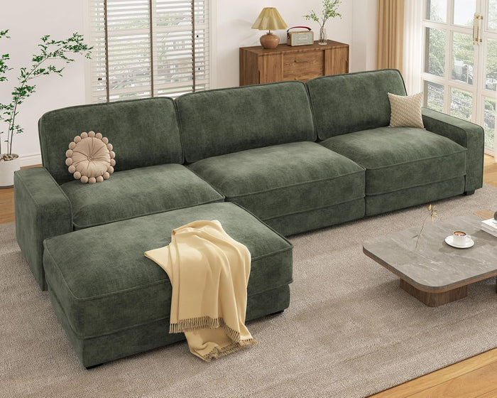 Vipbear 120" Chenille Oversized Modular Sectional Sofa, L Shaped Couch Set with 2 Pillows, 4 Seat Comfy Cloud Couches with Movable Ottoman for Living Room, Bedroom and Apartment, Green
