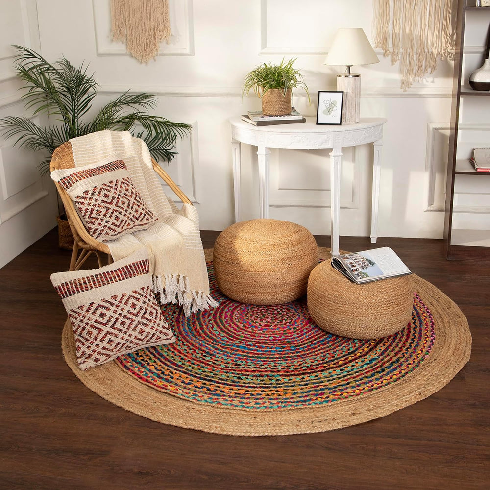 · REDEARTH · Jute Circular Low Pouf Ottoman - Boho Foot Stool - Natural | Jut...