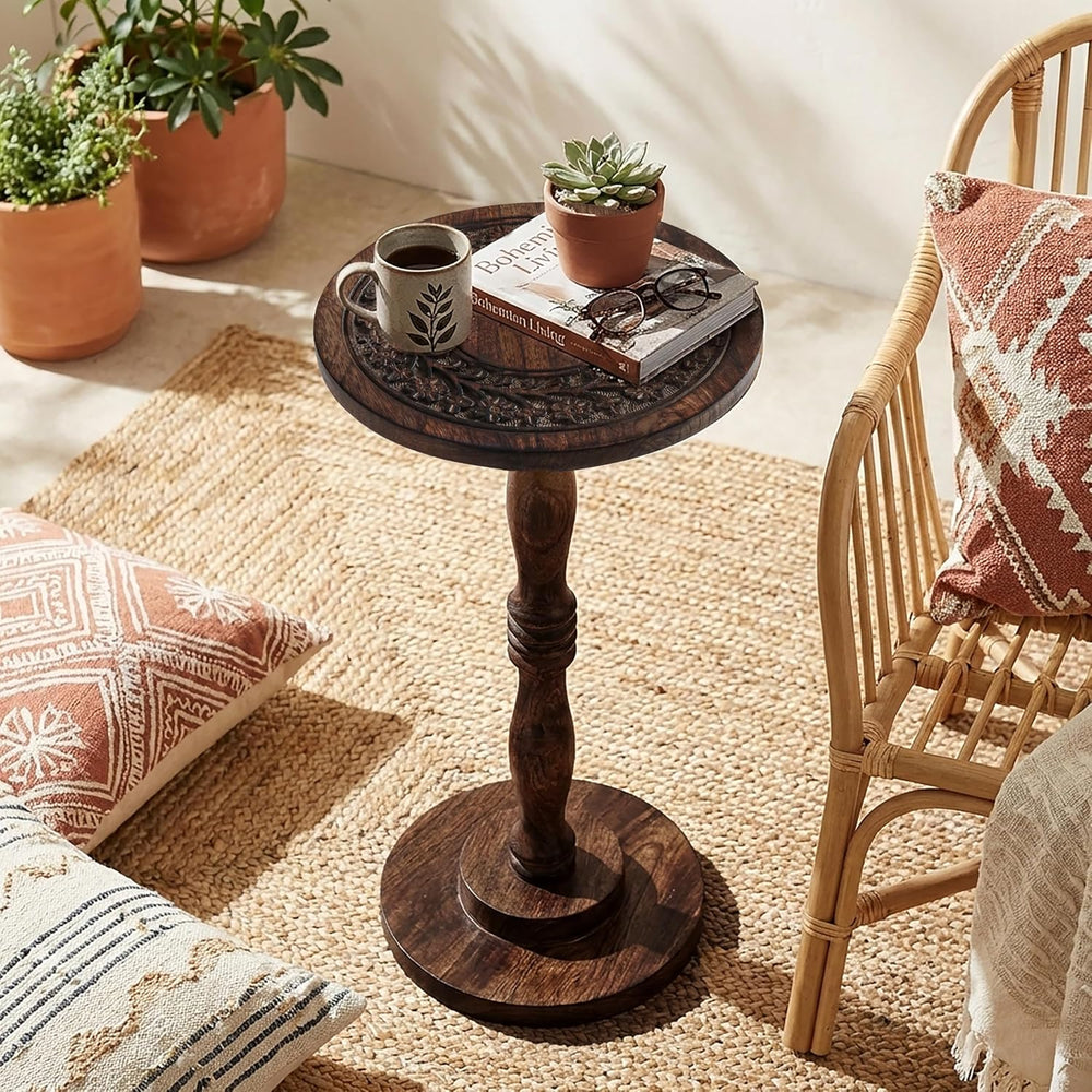 Rustic Wooden End Table 12x22 - Handcrafted Carved Side Table, Burnt Finish B...