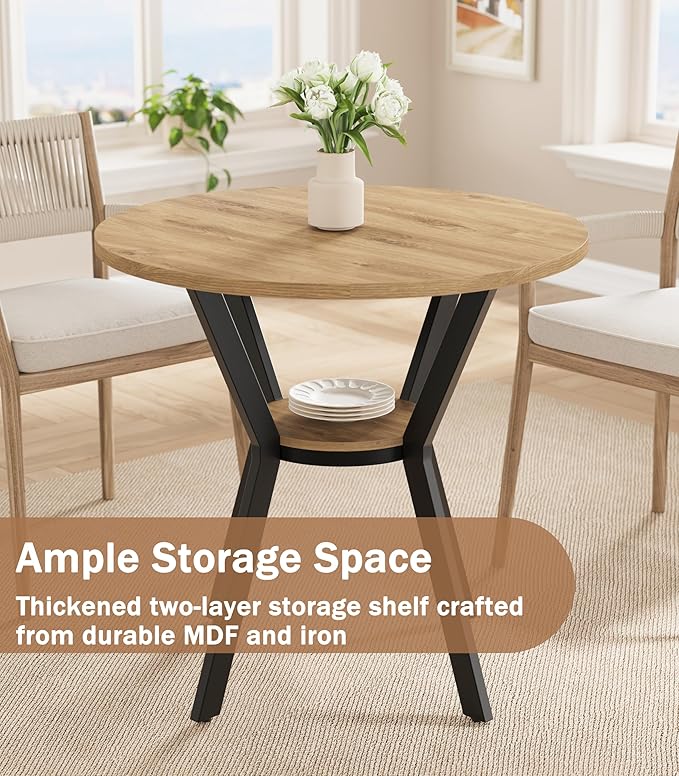 Round Kitchen Tables for 2-4, 31.5" Small Dining Tables with Storage, Ru...