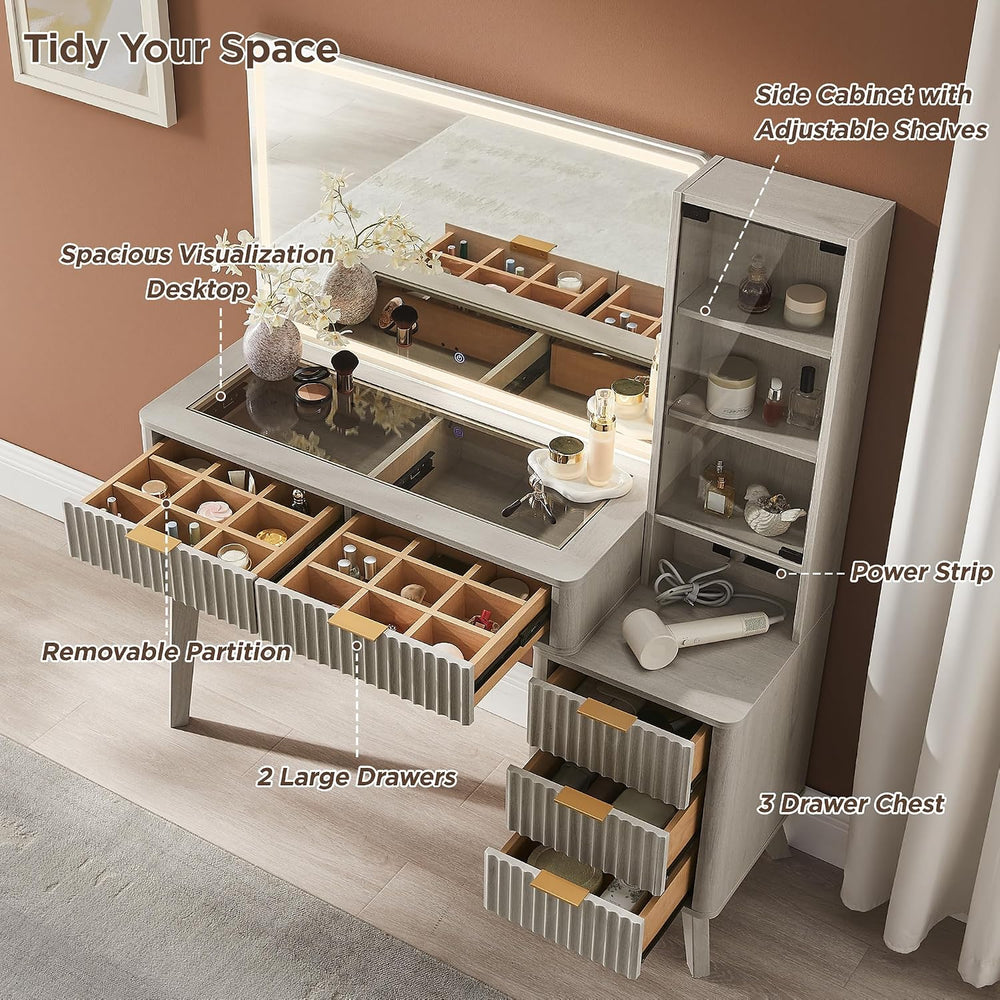 T4TREAM 48" Fluted Makeup Vanity Desk with 36" Lighted Mirror, Whit...
