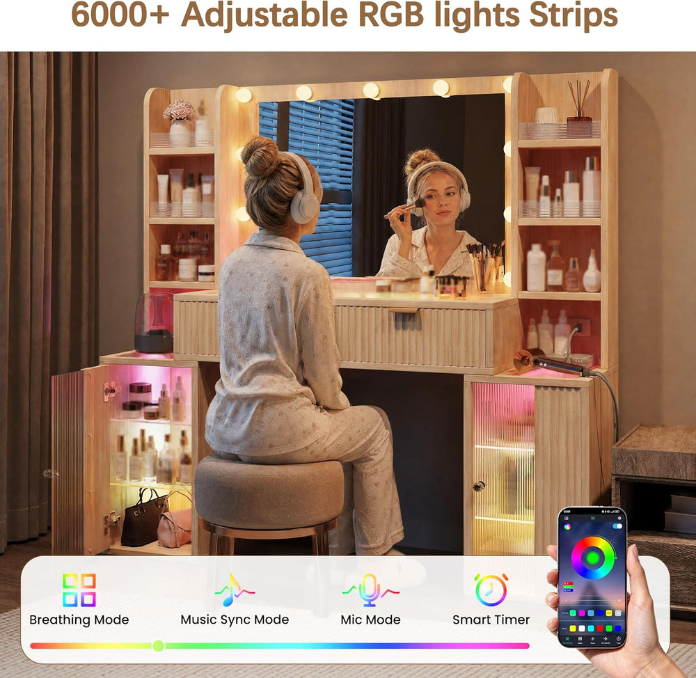 56'' Fluted Wooden Vanity with RGB Hollywood Lights & 36" HD...