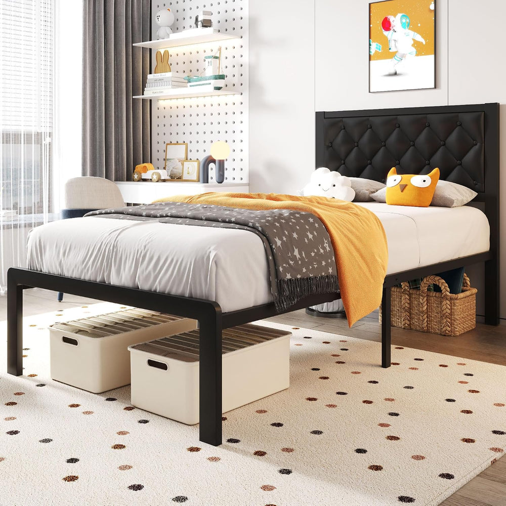 Fluest Twin Bed Frame with Headboard PU Leather Upholstered Bed Frame Platfor...