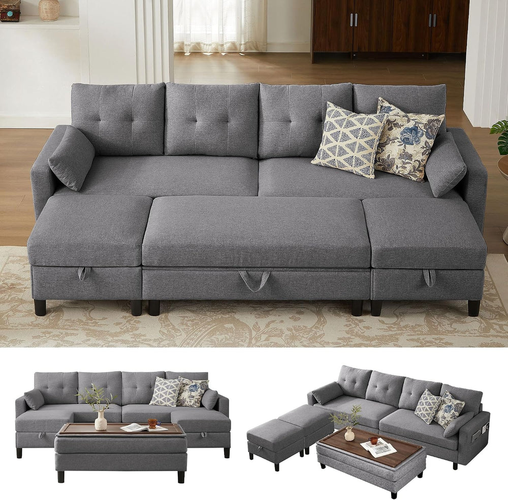 101" Convertible Sectional Sofa with Ottoman Coffee Table, Modern Linen ...