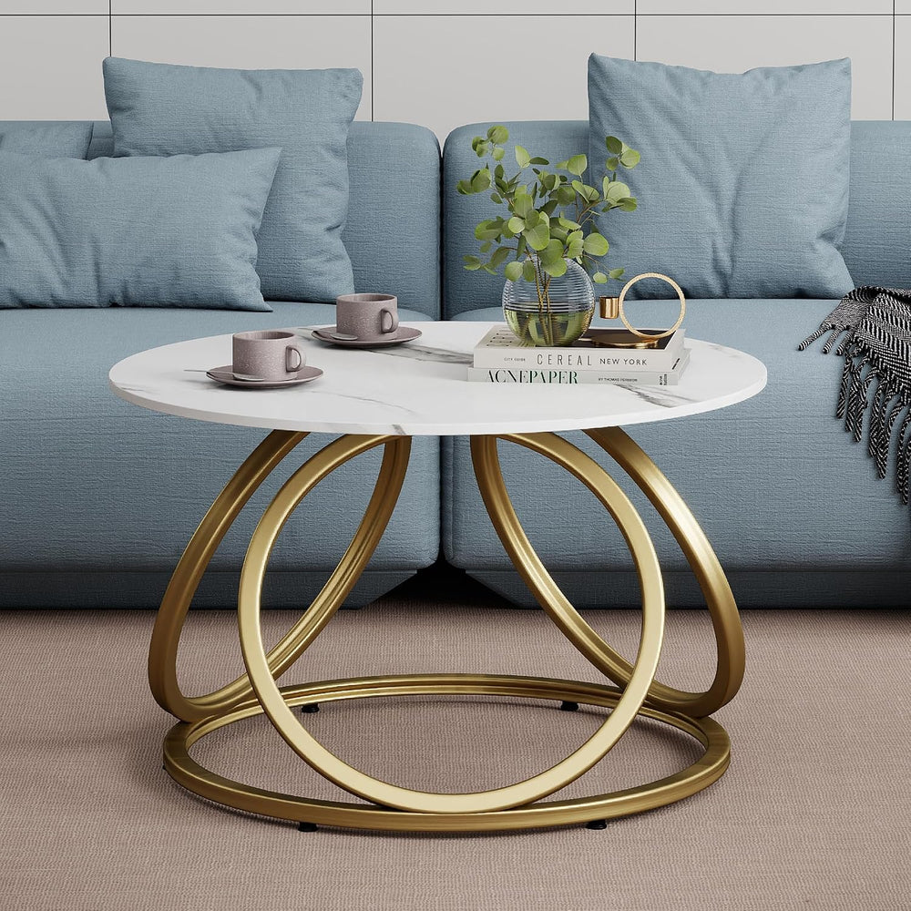 O&K FURNITURE Gold Round Coffee Table, Faux Marble Top with Veins, Modern...