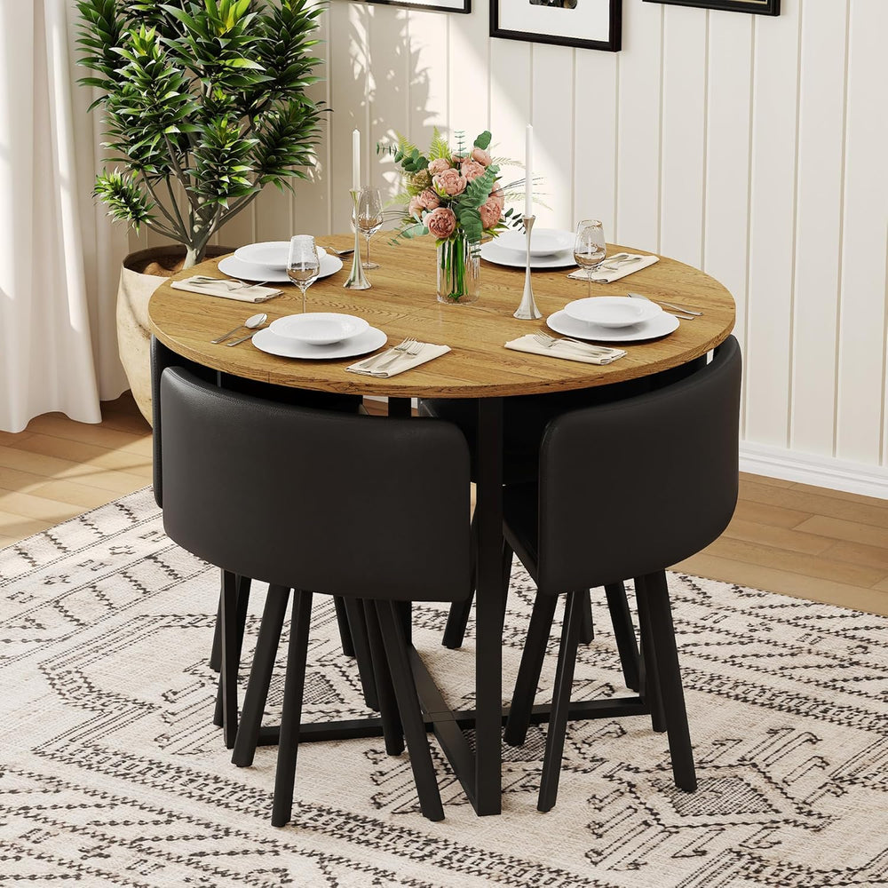 39.5" Round Dining Table Set for 4, 5 Piece Dining Table Set with 4 Tuck...