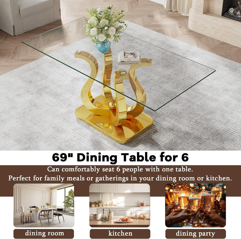 69" Glass Dining Table for 4-6, Luxury Rectangular Kitchen Table with Te...