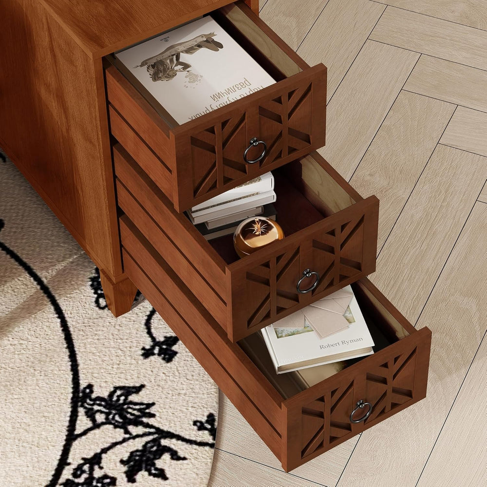 End Table with 3 Drawers and 2 Open Shelves, Walnut Finish Corner Table for B...