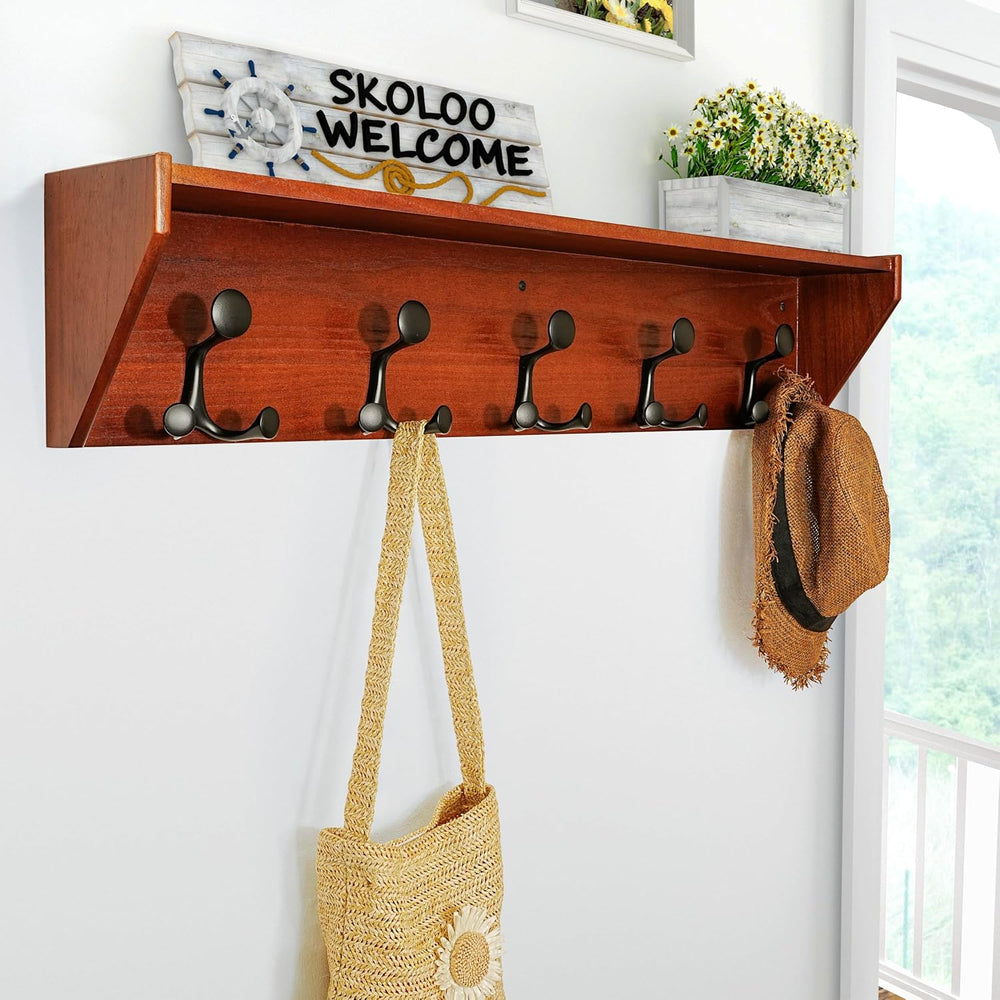 SKOLOO Wall Shelf with Hooks, 35-Inch Cherry Coat Rack Wall Mount with Shelf ...
