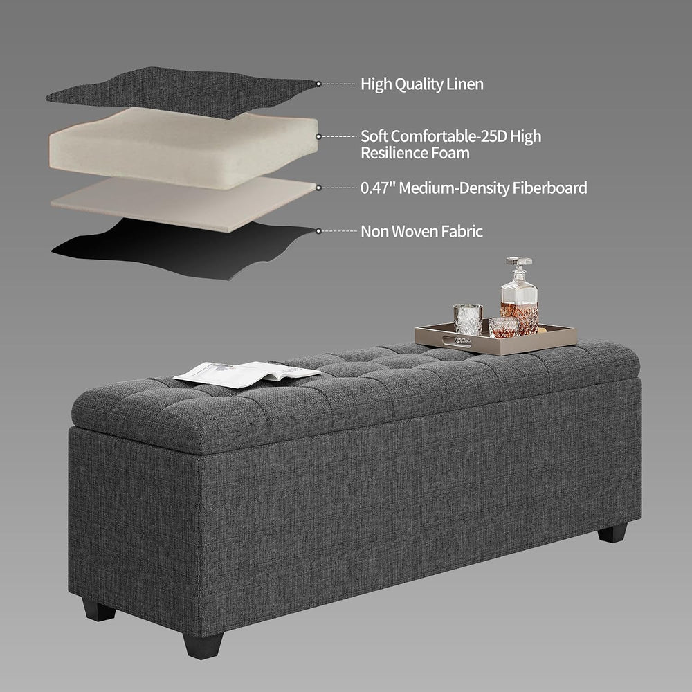 38-inch Dark Grey Fabric Storage Ottoman Bench with Hinged Lid - Long End of ...