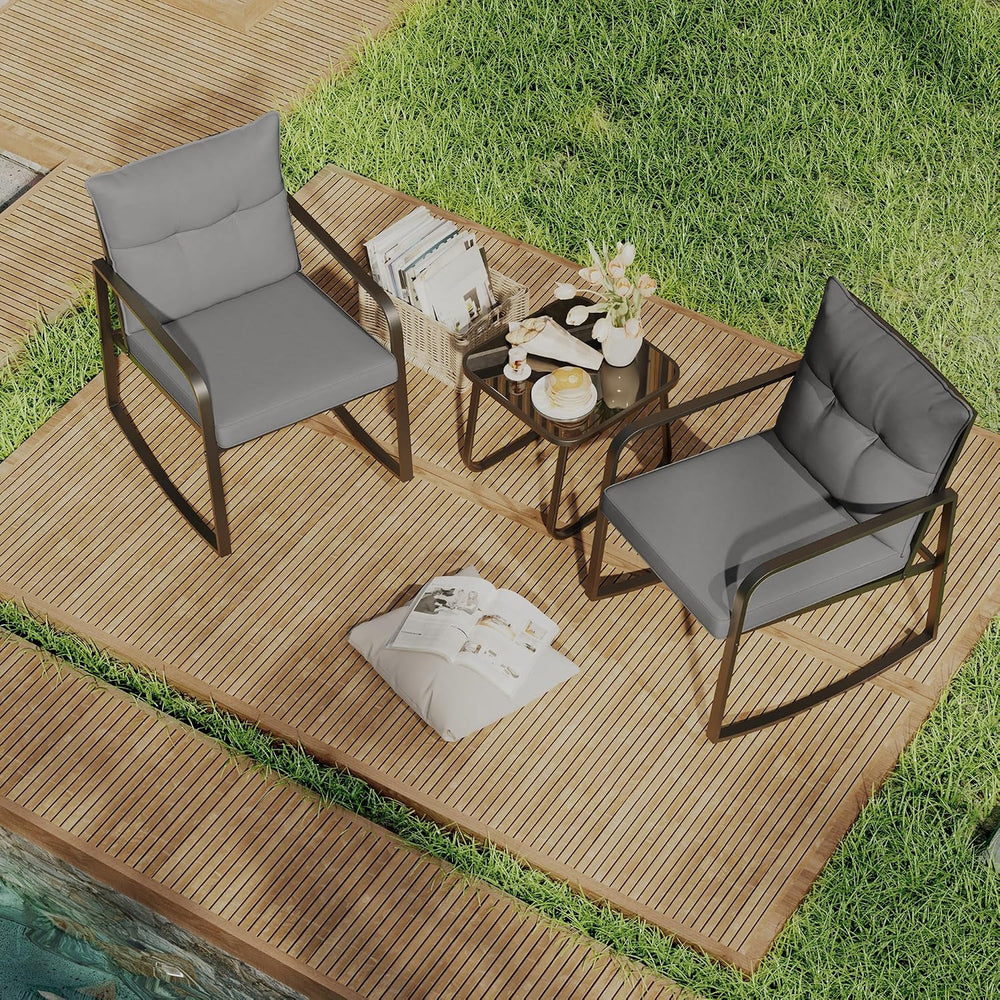 Gizoon 3 Piece Rocking Bistro Set, Black Steel Patio Furniture,Grey Cushion