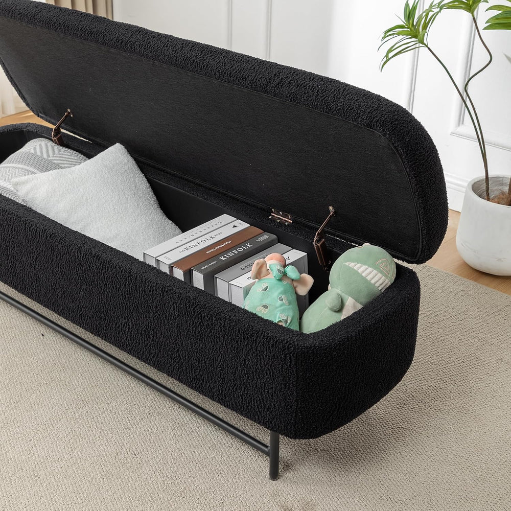 56" Boucle Storage Bench for Bedroom, Upholstered Teddy Ottoman Bench, M...