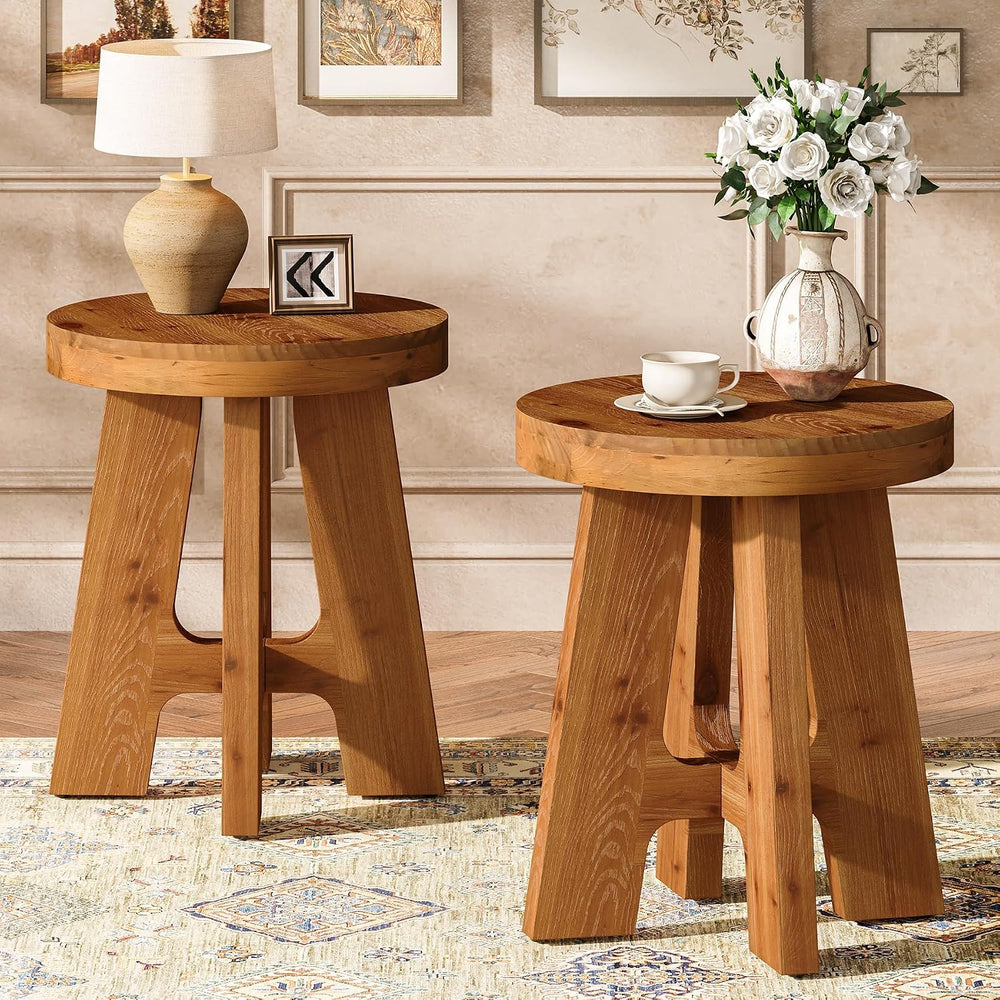 Round Side Table, Farmhouse Solid Wood End Table for Couch, Mid Century Moder...